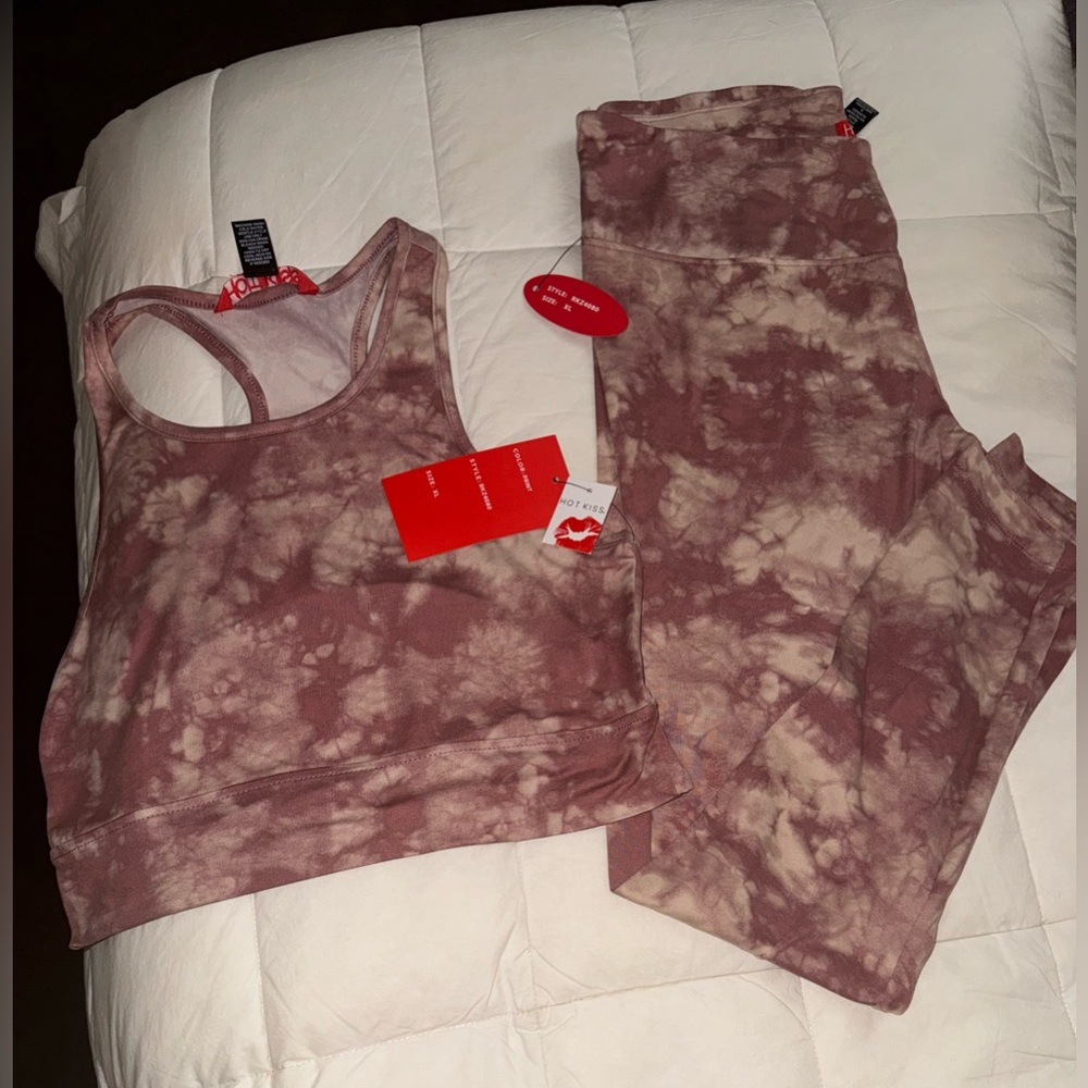 Hot Kiss Mauve Tie-Dye Ribbed Racerback Sports Bra and Leggings Set